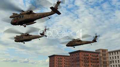 Black Hawk Helicopter fly over buildings