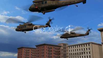 Black Hawk Helicopter fly over buildings
