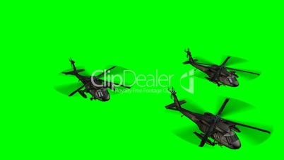 Black Hawk Helicopter fly over in Formation - green screen