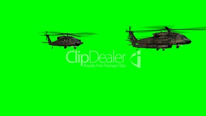 Black Hawk Helicopter fly in Formation - green screen