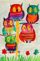 Children's drawing with some nice fairy owls