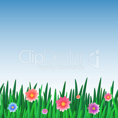 repeating pattern tile of grass with flowers and sky