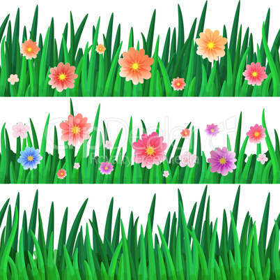 banners with repeating pattern tile of isolate grass with flowers