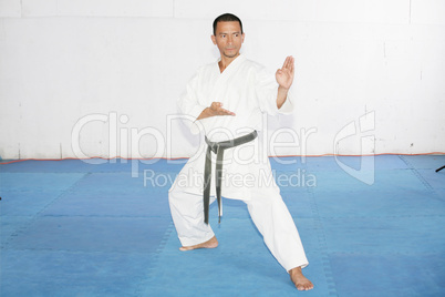 black belt karate man with hand in spade position