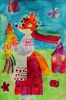 Children's drawing with fabulous fox in Ukrainian clothes