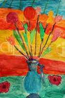 Children's drawing with blue pitcher with flowers