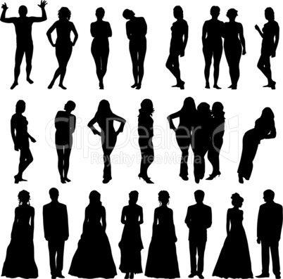 Black silhouettes of beautiful mans and womans on white background. Vector illustration.