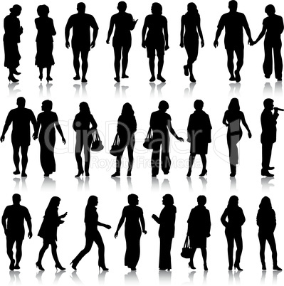 Black silhouettes of beautiful mans and womans on white background. Vector illustration.