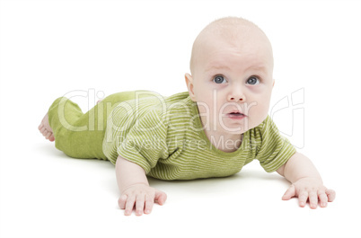 toddler in green clothing isolated in white background