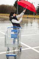 woman with shopping cart and umbrella