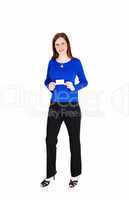 woman holding business card.