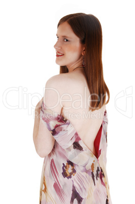 woman showing bare back.