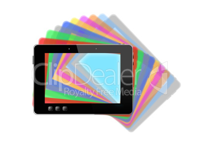 black tablet with motley multicolored shadows