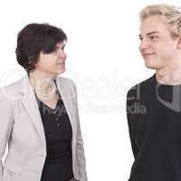 business woman and young man converse