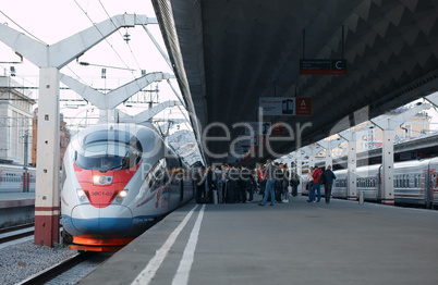 high speed train sapsan departs from the railway station