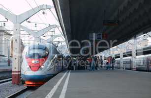 high speed train sapsan departs from the railway station