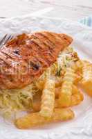 grilled chicken, cabbage salad with nuts and chips