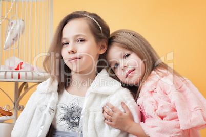 Portrait of adorable twin sisters posing in studio