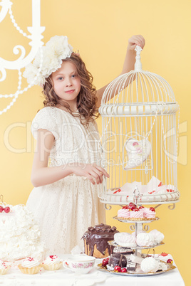 Cute brown-haired girl posing in vintage interior