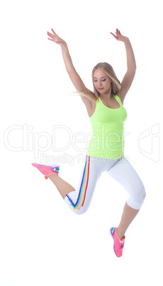 Graceful healthy girl jumping, isolated on white