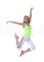 Image of cheerful young blonde posing in jump