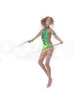 Cheerful artistic gymnast jumping with rope