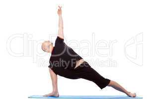 Spirited man practices yoga isolated on white