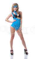 Playful slim model posing in blue erotic costume