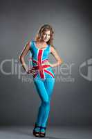 Pretty blonde posing in costume with British flag