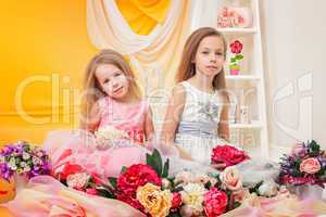 Beautiful little sisters posing in elegant dresses