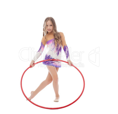 Adorable curly girl posing with red hula hoop
