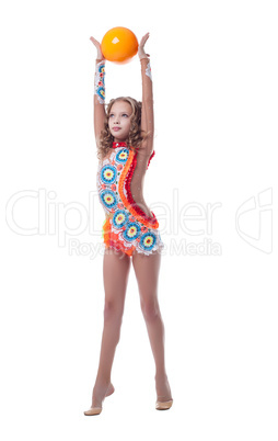 Graceful young gymnast with ball isolated on white