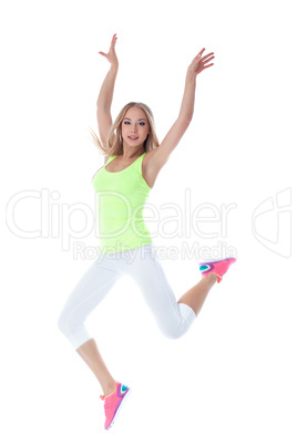 Charming slim blonde jumps, isolated on white