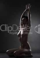 Beautiful slim model posing nude on gray backdrop