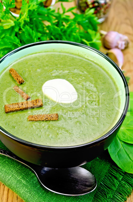 puree from spinach with garlic and croutons on board