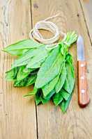 Sorrel with knife and twine on the board