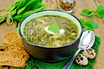 soup green sorrel and nettles with a spoon on board