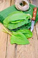 Spinach on board with knife and napkin