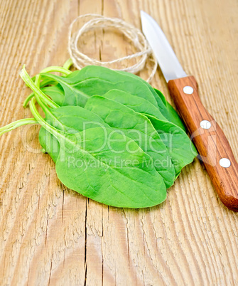 Spinach with a knife and twine on the board