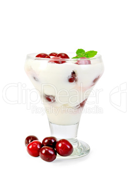 yogurt thick with cherry in glass sundae dish