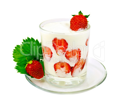 yogurt thick with strawberries in glass on saucer