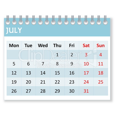 calendar sheet for july