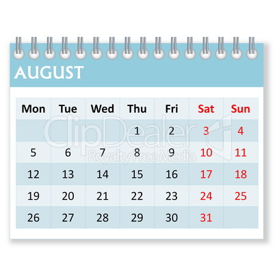 calendar sheet for august