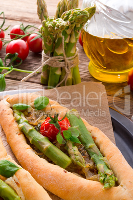 home-baked pide with green asparagi