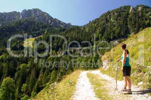 Wanderin, Wanderer, Frau, kurze, Hose, Mädchen, junge, Bergsteigerin, Wanderstock, Wendelstein, Gebirge, Berg, Bergkette, Aufstieg, Alpen, Tal, Wanderweg, Oberbayern, Bayern, Bäume, Wald, Alpental, natur, überblick, panorama, hochgebirge, kalkalpen, alpin