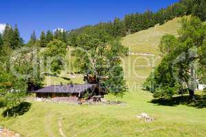 Hütte, Berghütte, Holzhaus, kleines, Haus, Alm, Wendelstein, Gebirge, Berg, Bergkette, Aufstieg, Alpen, Tal, Wanderweg, Oberbayern, Bayern, Bäume, Wald, Alpental, natur, überblick, panorama, hochgebirge, kalkalpen, alpinismus, Wälder, grün, Wiese, Almen, 