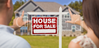 For Sale Sign, House and Military Couple Framing Hands