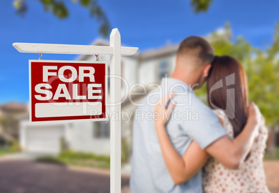 For Sale Real Estate Sign, Military Couple Looking at House