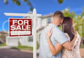 For Sale Real Estate Sign, Military Couple Looking at House