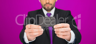 handsome businessman showing blank business card